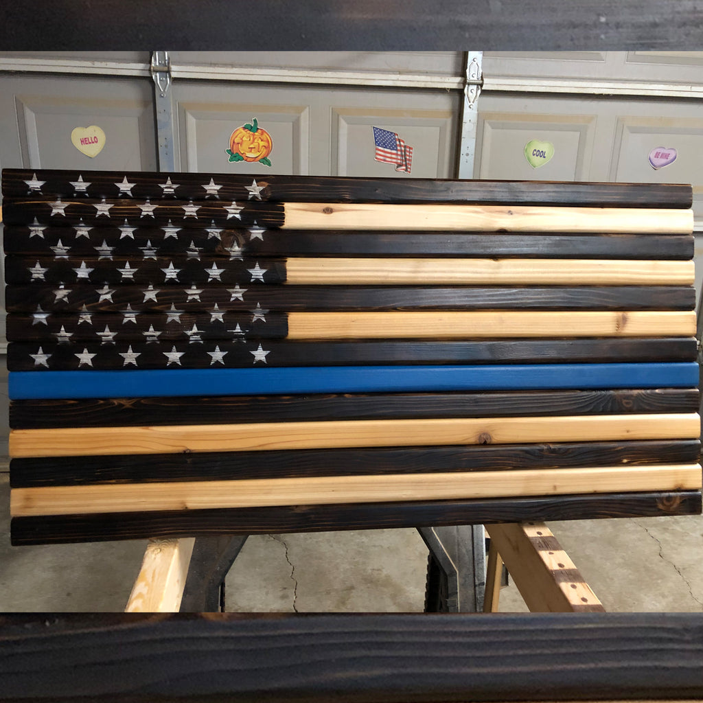Handcrafted Cedar Flag - Law Enforcement Blue Line Edition