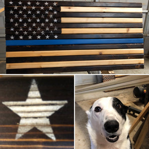 Handcrafted Cedar Flag - Law Enforcement Blue Line Edition