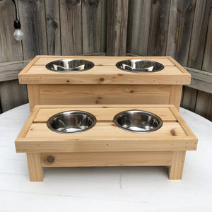 Small Cedar Dog Bowl Stand with Stainless Steel Bowl