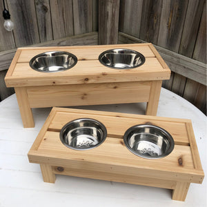 Small Cedar Dog Bowl Stand with Stainless Steel Bowl