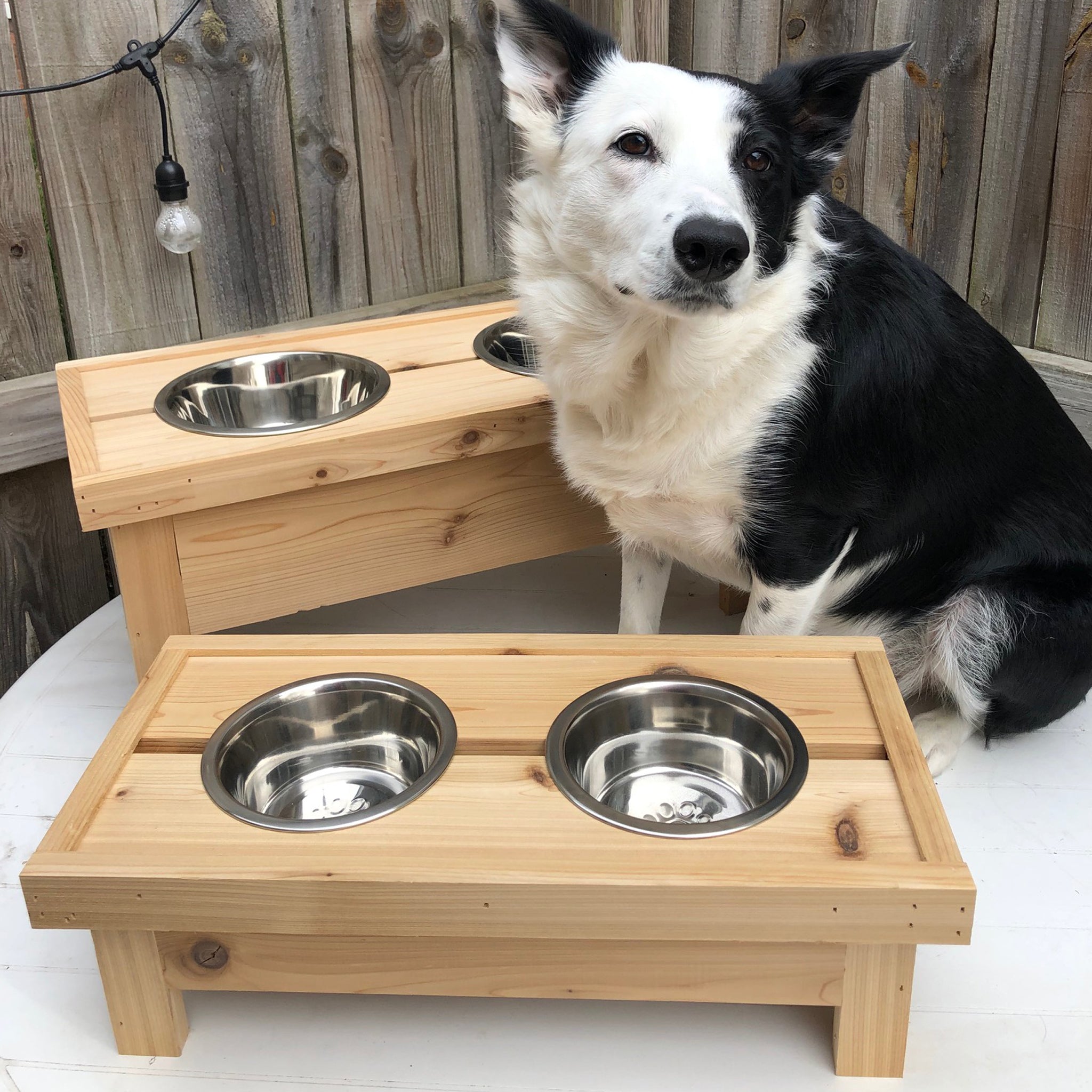 Small Cedar Dog Bowl Stand with Stainless Steel Bowl