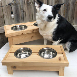 Small Cedar Dog Bowl Stand with Stainless Steel Bowl