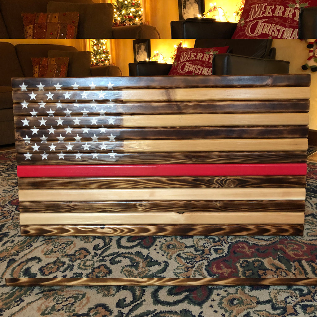 Handcrafted Cedar Flag - Firefighter's Red Line Edition