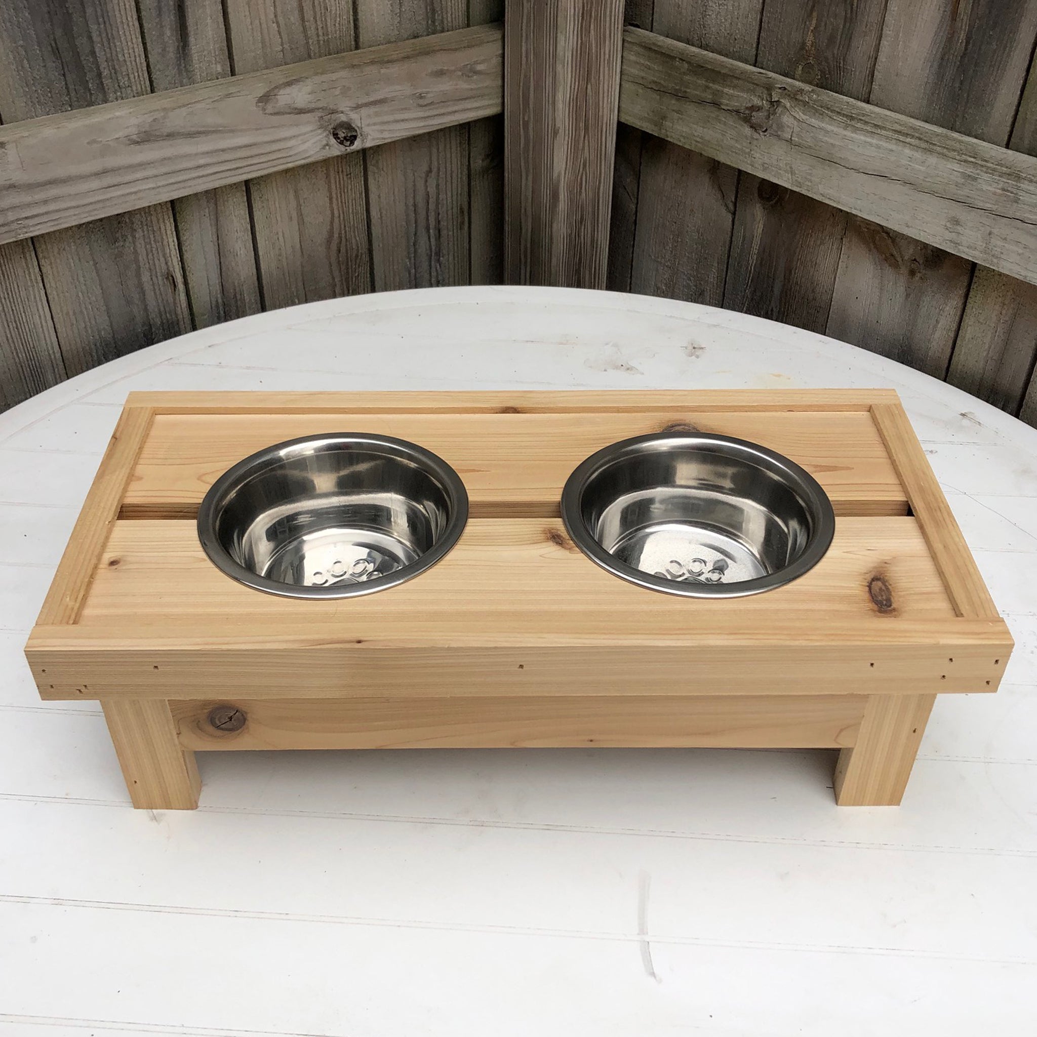 Small Cedar Dog Bowl Stand with Stainless Steel Bowl