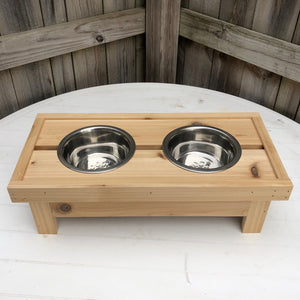 Small Cedar Dog Bowl Stand with Stainless Steel Bowl